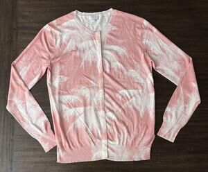 Escada Cardigan Sweater Womens Medium Pink Knit Tropical Palm Print Lightweight